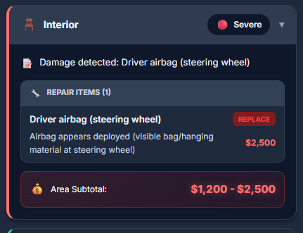 AI analysis detecting deployed driver airbag from interior photo, marked as Severe