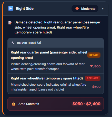 AI analysis of right side damage showing quarter panel repair and temporary spare tire