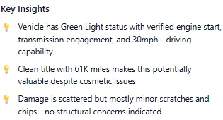 AI key insights showing vehicle analysis and buying recommendations