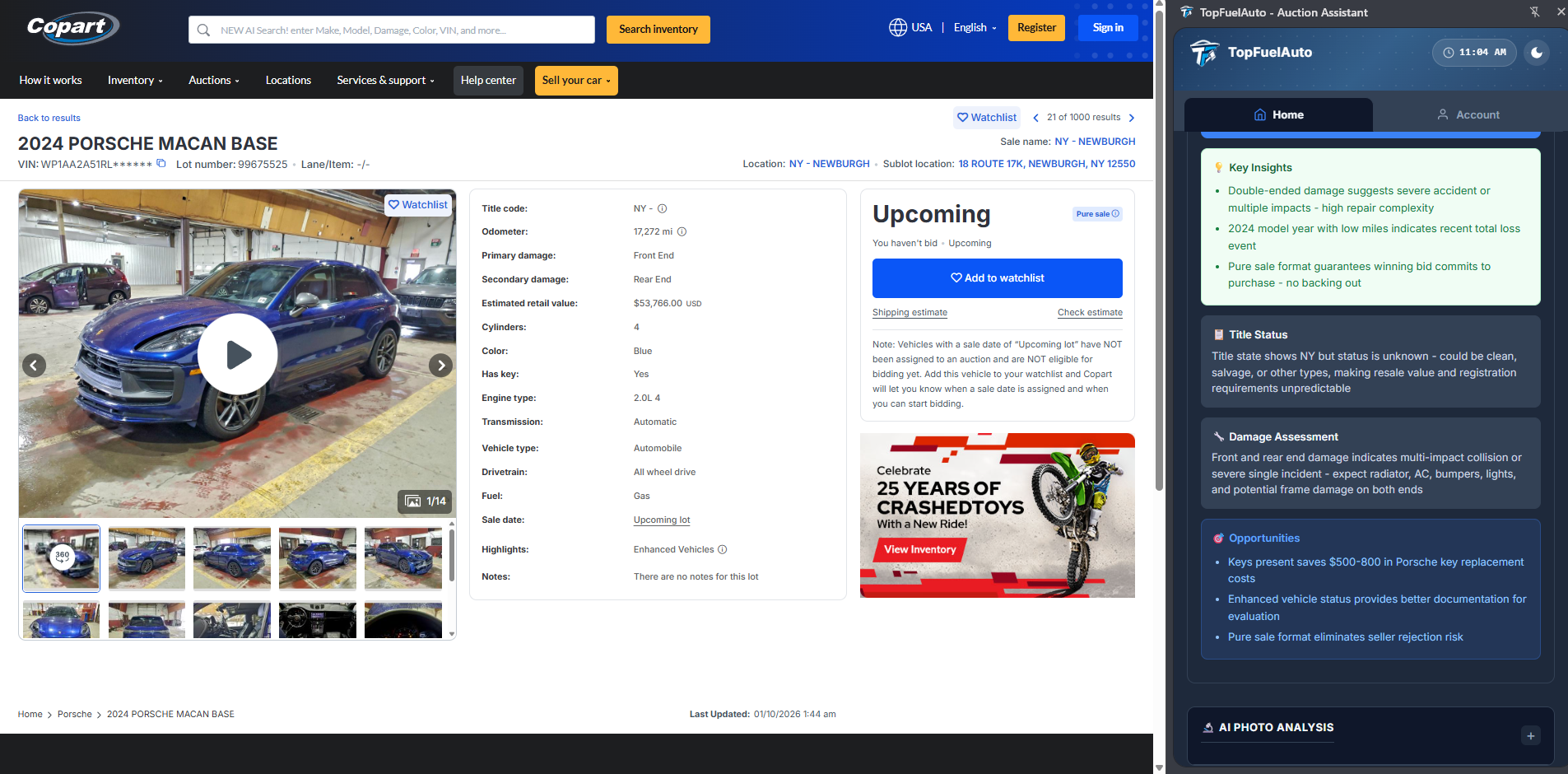 AI Lot Reader analyzing a 2024 Porsche Macan on Copart with TopFuelAuto extension
