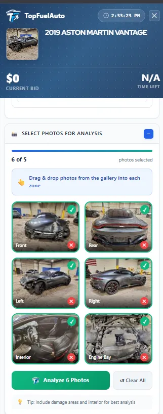 AI Photo Analysis - Drag and drop vehicle photos for comprehensive AI damage assessment on Copart and IAAI