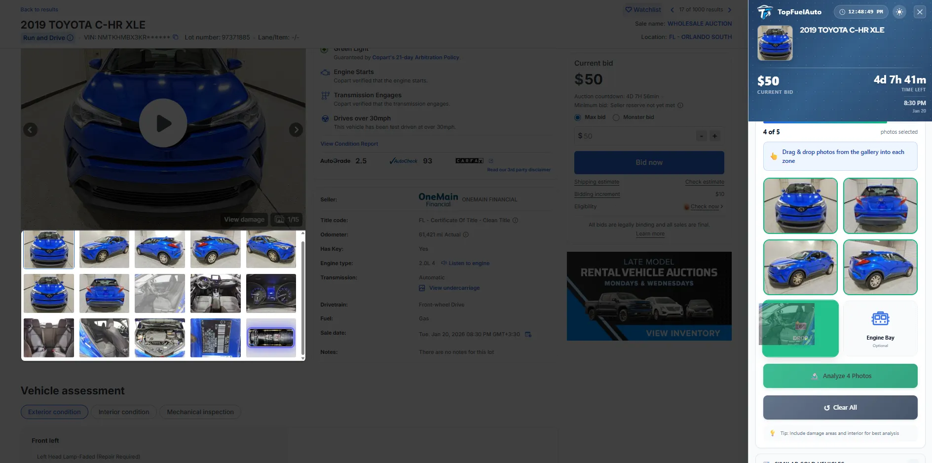 Drag and drop photo zones for AI damage analysis with 4 of 5 photos selected