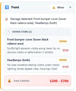 AI damage analysis results showing repair items and cost estimates