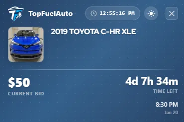 TopFuelAuto extension header showing vehicle info, current bid, and auction countdown timer