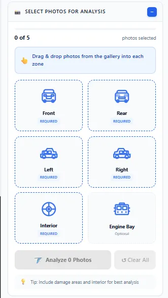 Smart Photo Selection - Organized photo zones for front, rear, side, interior, and engine damage analysis